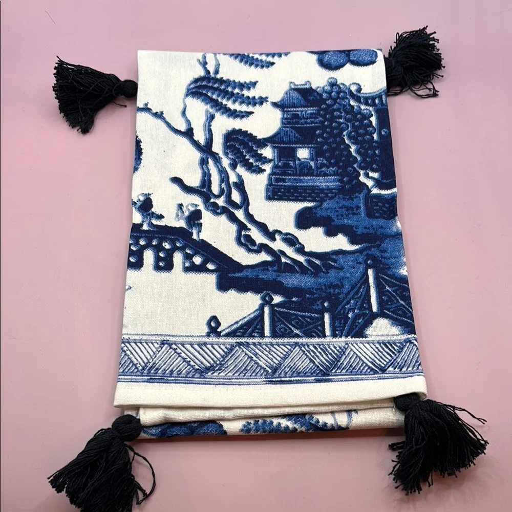 Two’s Company Blue &White Willow Dish Towels with Tassels - Set of 2 - Picture 7 of 11
